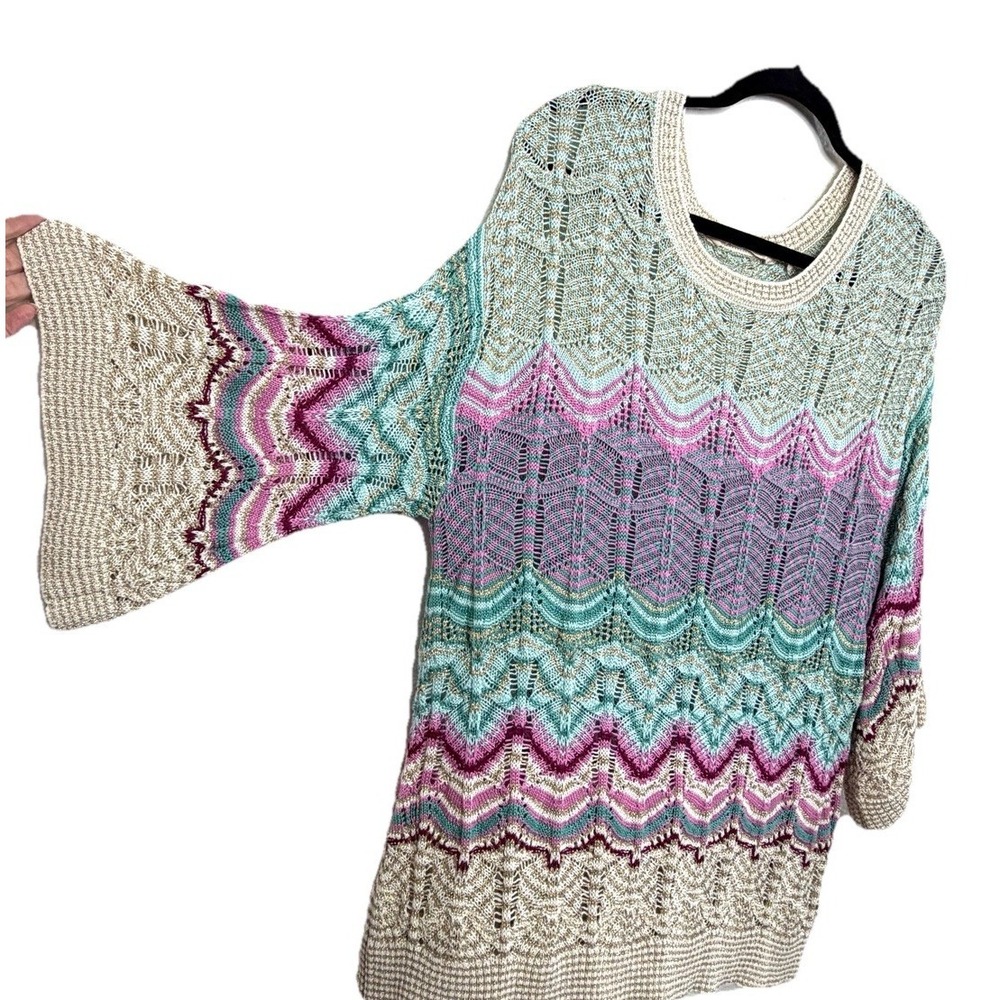 Soft Surroundings Sweater 1X Open Weave Bell Sleeve Boho Knit Tunic Metallic - Picture 6 of 15